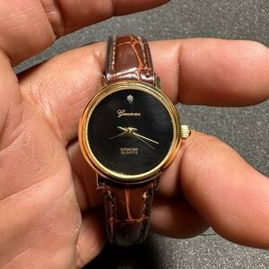 Genevex Ladies Watch Diamond Quartz Brown Leather Band Round Black Dial Working
